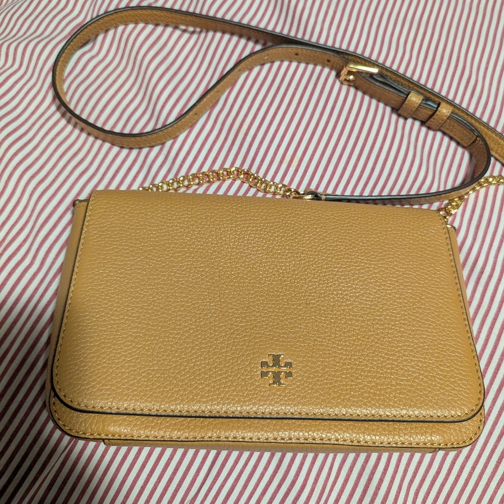 Tory Burch Tan Leather Crossbody with Gold Chain Detail